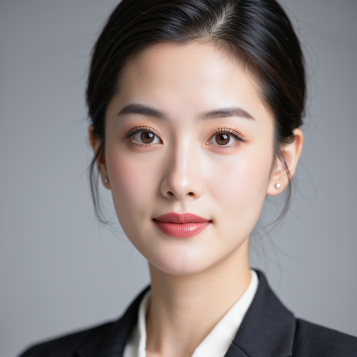 域名行业专家头像，年轻女性，穿职业套装，黑色外套，白色内搭，背景浅色，自然光线