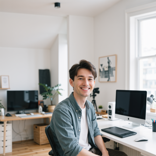 互联网创业者头像，三十岁左右男性，穿休闲衬衫，背景办公室环境，自然光线